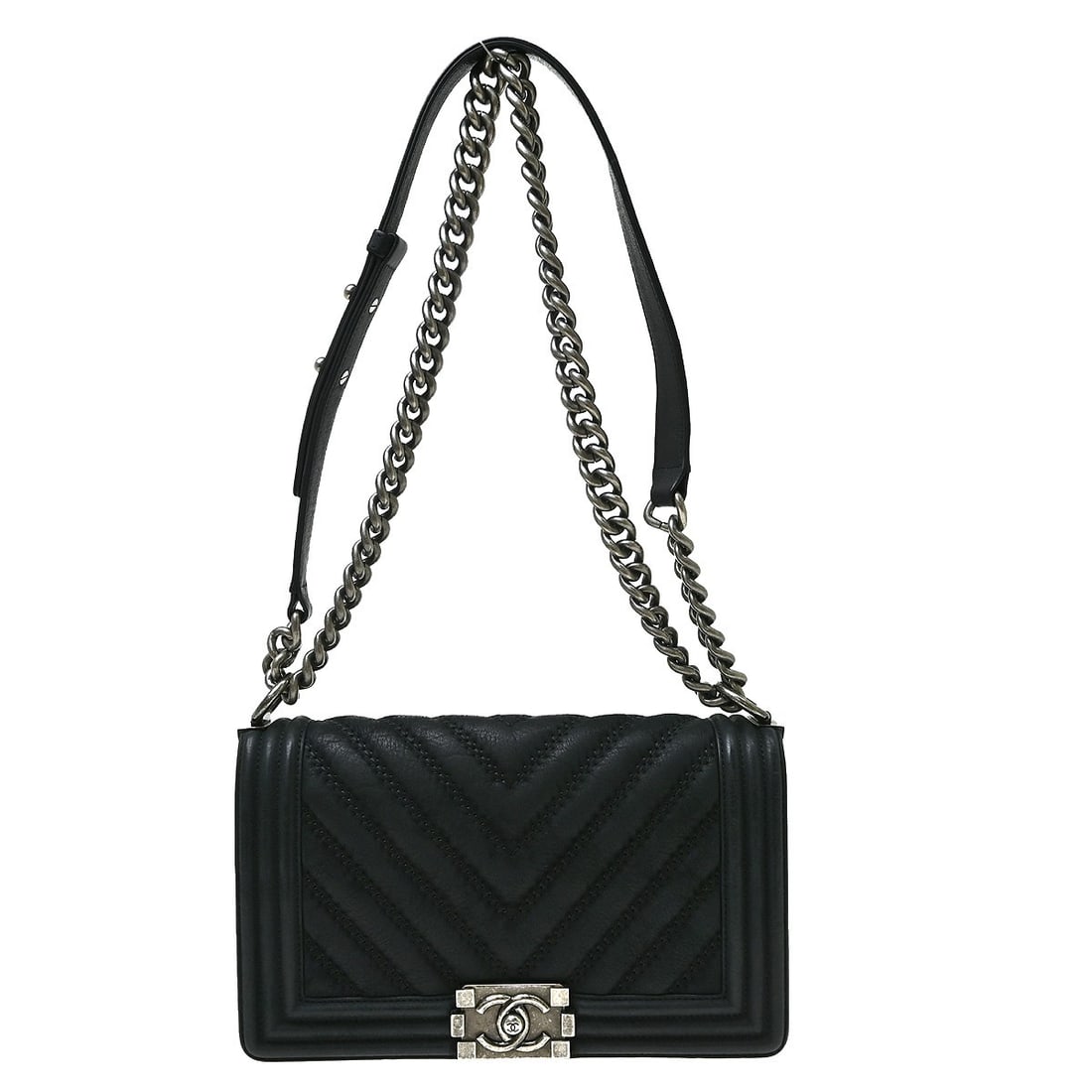 CHANEL Boy Medium Shoulder Bag Black Lambskin Chevron Push Lock: CHANEL Boy Medium Shoulder Bag Black Lambskin Chevron Push Lock This is a CHANEL Boy medium shoulder bag in black lambskin leather with a chevron quilted design and silver-tone hardware. It features a