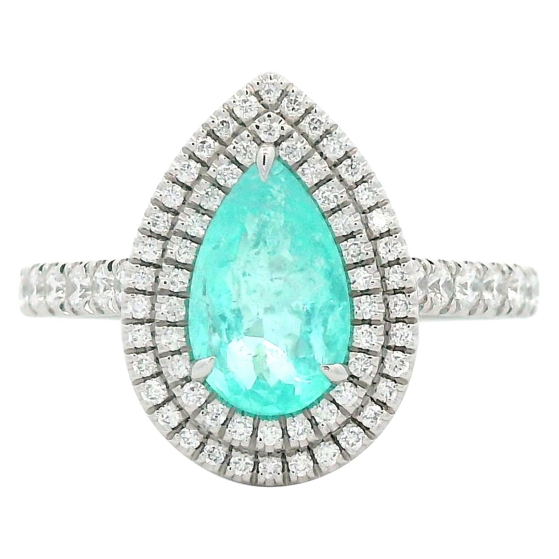 Platinum Halo Ring GIA 1.16 ct Pear Paraiba Tourmaline: Platinum Halo Ring GIA 1.16 ct Pear Paraiba Tourmaline GIA-certified contemporary halo ring featuring a 1.16 ct pear-cut Paraiba tourmaline center stone with a natural diamond halo. Crafted in platinu