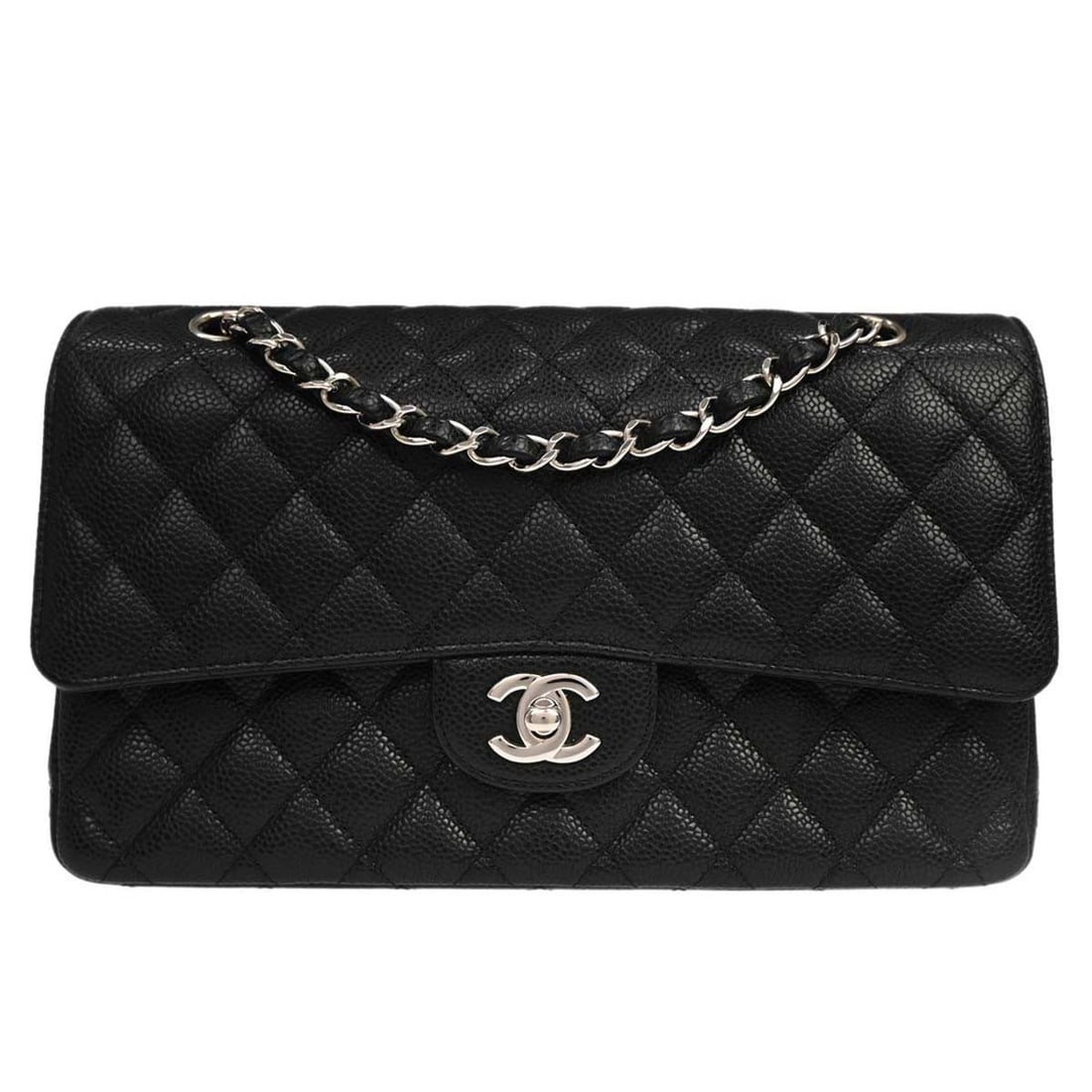 CHANEL Classic Double Flap Medium Black Calfskin Shoulder Bag: CHANEL Classic Double Flap Medium Black Calfskin Shoulder Bag Chanel Medium Classic Double Flap shoulder bag in black caviar skin leather with a turn-lock closure and shoulder strap. This women's bag 