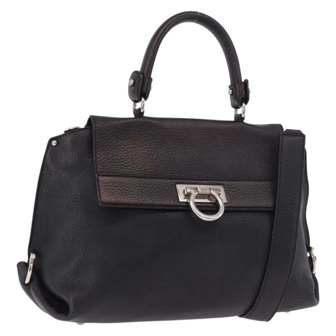 Salvatore Ferragamo Gancini Leather 2way Handbag Black with Shoulder Strap: Salvatore Ferragamo Gancini Leather 2way Handbag Black with Shoulder Strap Salvatore Ferragamo Gancini 2-way handbag in black leather with silver-tone accents. Made in Italy, this women's bag includes