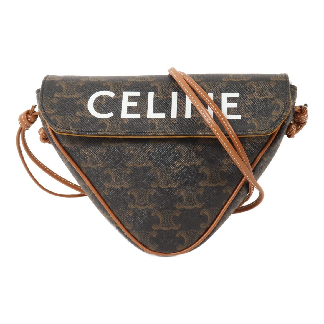 CELINE Triangle Shoulder Bag Brown PVC Coated Canvas: CELINE Triangle Shoulder Bag Brown PVC Coated Canvas CELINE Triangle Shoulder Bag in brown PVC coated canvas. Designed for women, this bag features a magnetic pocket and comes with storage bags. The i