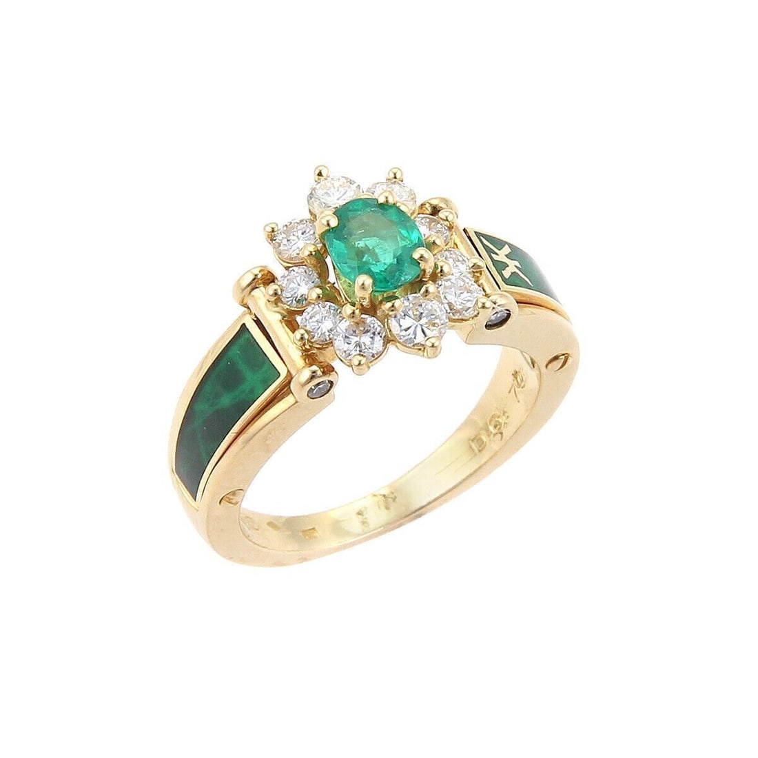 Korloff 18k Yellow Gold Cocktail Ring with Diamonds Emeralds Enamel Size 6: Korloff 18k Yellow Gold Cocktail Ring with Diamonds Emeralds Enamel Size 6 A pre-owned Korloff cocktail ring crafted in 18k yellow gold with diamond and emerald accents and enamel detailing. It featur