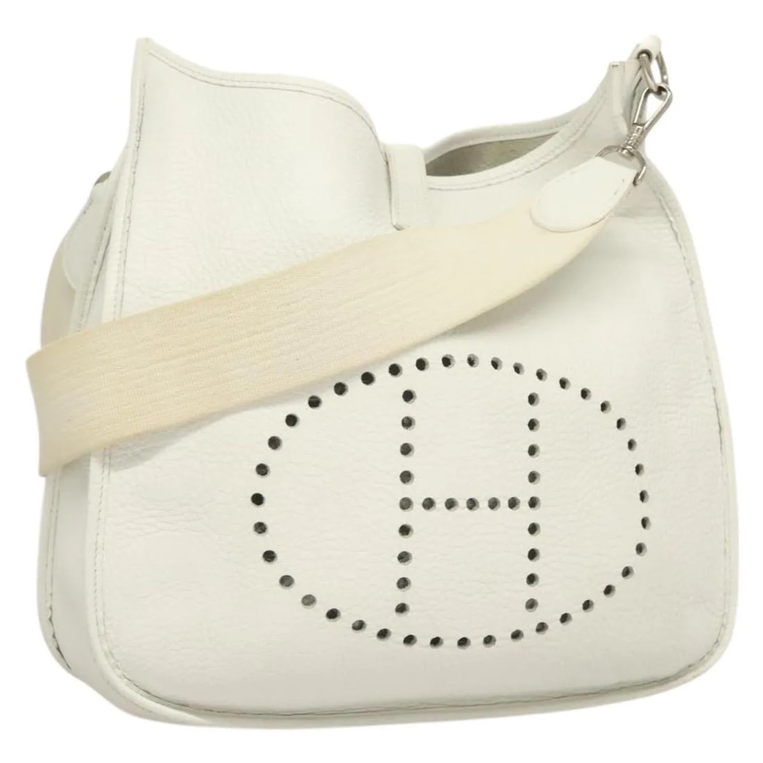 Hermes Evelyne Gen I White Leather Shoulder Bag: Hermes Evelyne Gen I White Leather Shoulder Bag Hermes Evelyne Bag Gen I in white leather, designed as a unisex bag made in France. The item is in good condition with noted exterior, hardware, and int
