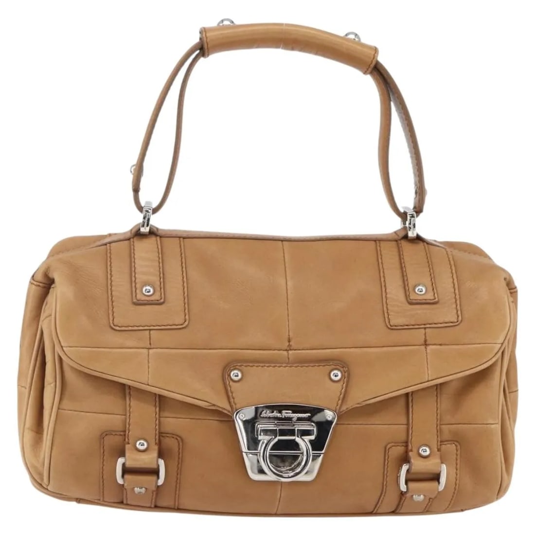Brown Leather Handbag Salvatore Ferragamo Gancini: Brown Leather Handbag Salvatore Ferragamo Gancini This pre-owned Salvatore Ferragamo Gancini handbag for women features brown leather construction with subtle signs of use including minor surface defo