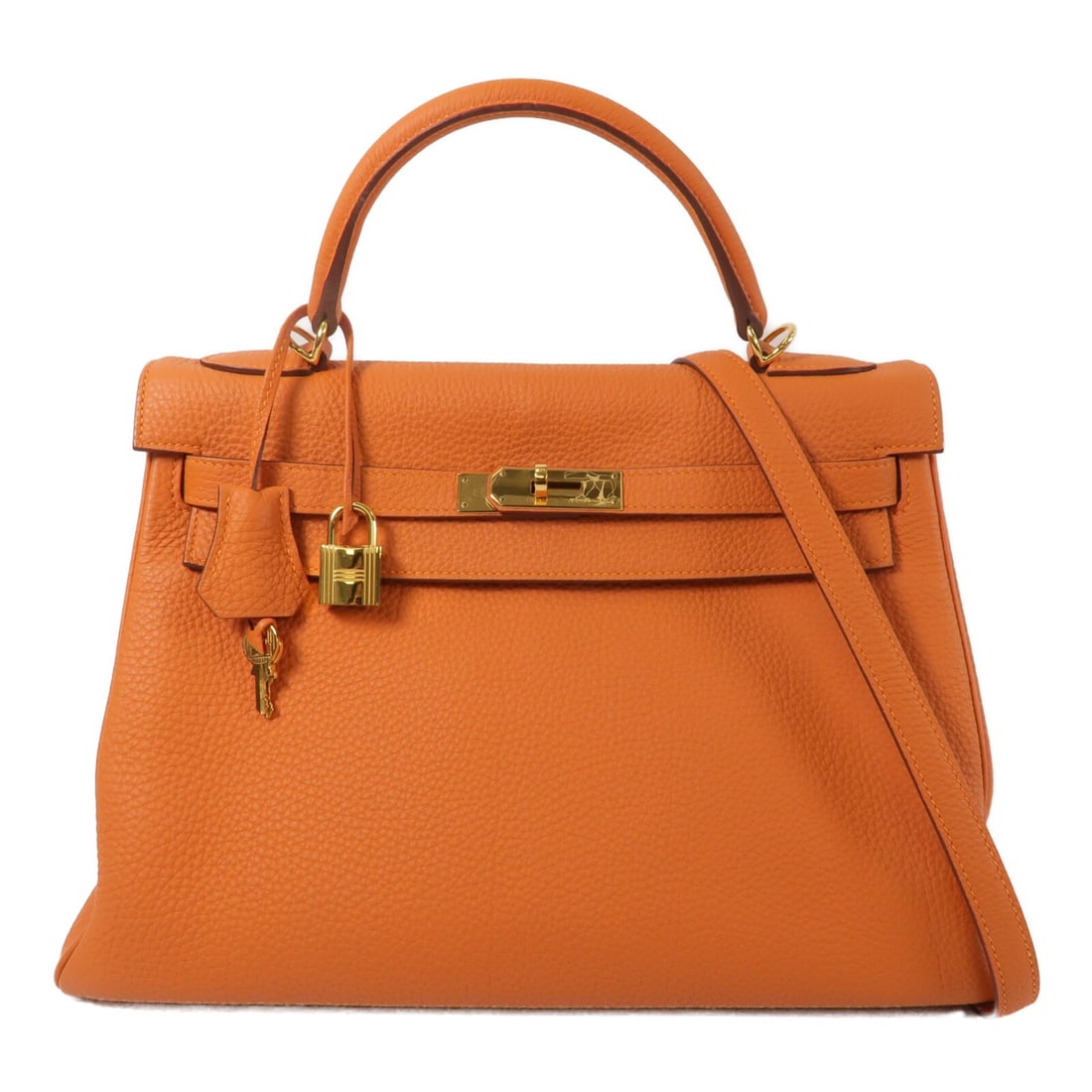 Hermes Kelly 28 Orange Togo Leather 2 Way Shoulder Bag: Hermes Kelly 28 Orange Togo Leather 2 Way Shoulder Bag Hermes Kelly 28 2-way shoulder bag in orange Togo leather with calfskin details. It features gold hardware, a top handle, and a shoulder strap, a