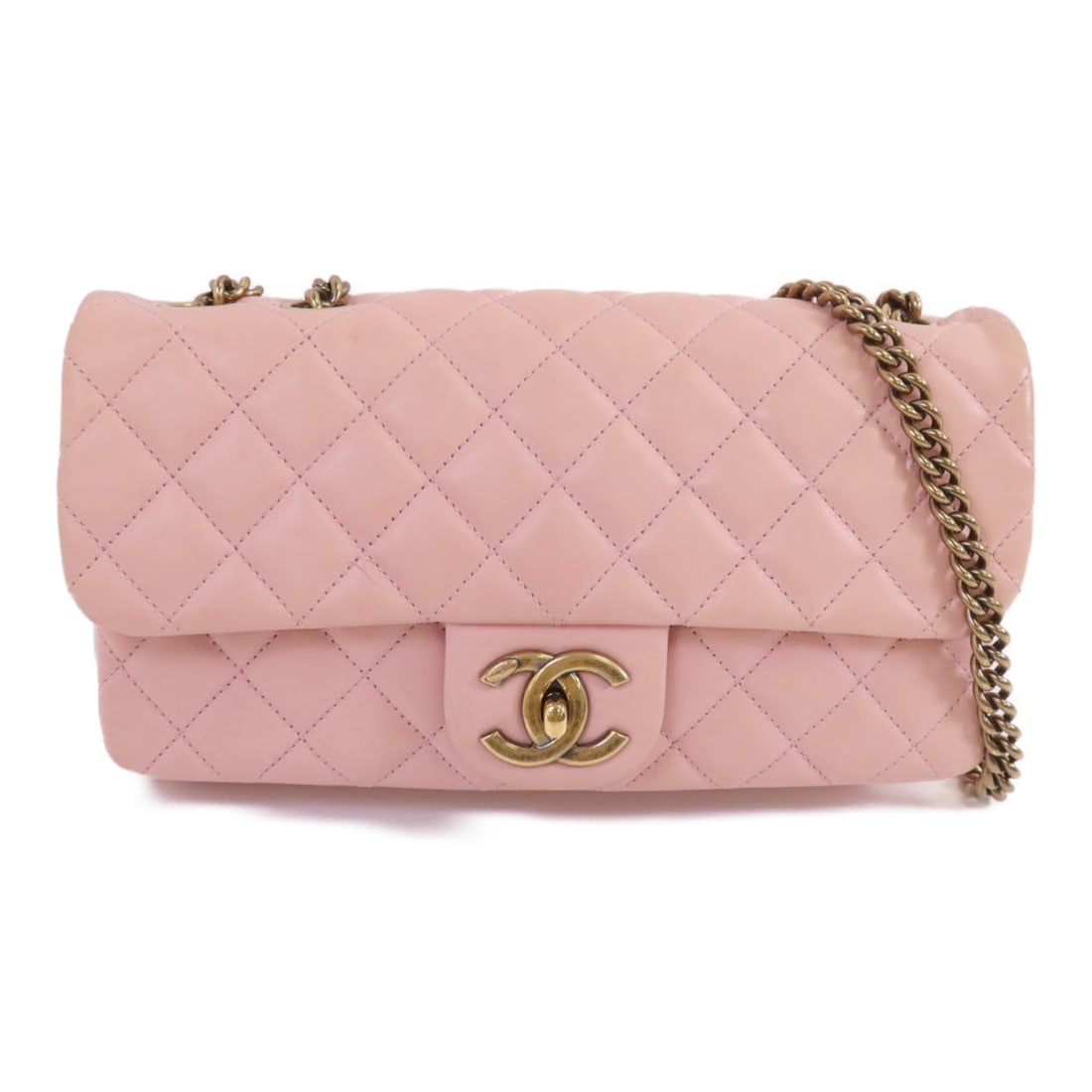 CHANEL CC Pink Calfskin Chain Shoulder Bag with GHW: CHANEL CC Pink Calfskin Chain Shoulder Bag with GHW CHANEL CC GHW Chain Shoulder Bag in pink calfskin (cowhide) leather. It features a chain shoulder strap, flap closure, and zip pockets inside and ou