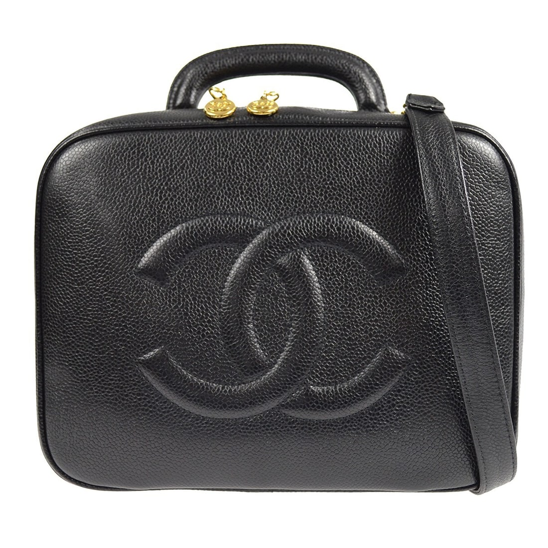 CHANEL Vanity Bag Black Caviar Leather 2Way Handbag: CHANEL Vanity Bag Black Caviar Leather 2Way Handbag Structured Chanel vanity handbag in black caviar skin leather with a zip closure, top handle, detachable shoulder strap, and embossed logo accent. T