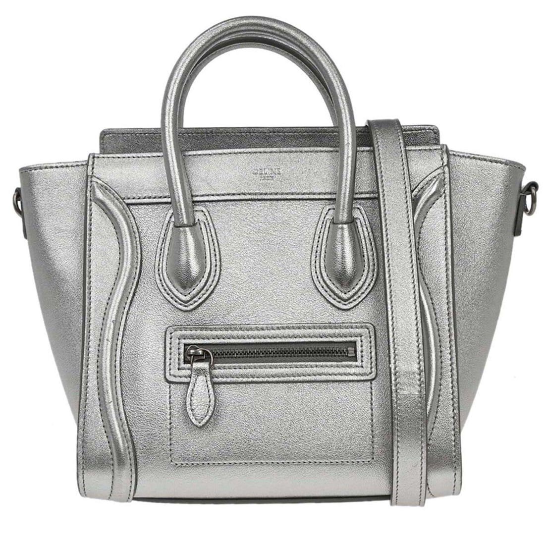 CELINE Nano Luggage Mini Lambskin Top Handle Bag Silver: CELINE Nano Luggage Mini Lambskin Top Handle Bag Silver Celine Nano Luggage tote bag in silver lambskin with double handles, a zip closure, and canvas lining. This mini top handle bag features logo ac