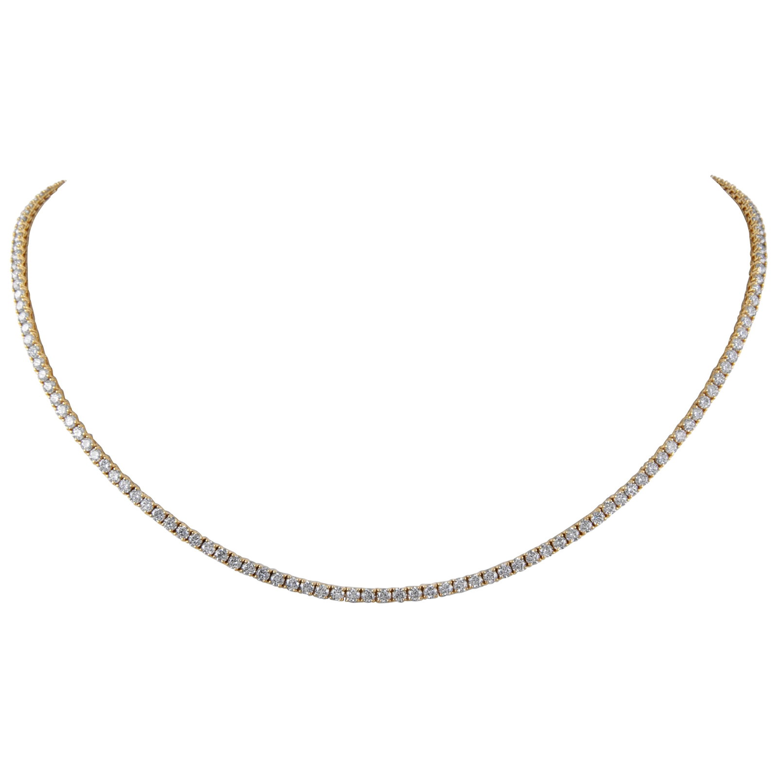 11.41ct Diamond Tennis Necklace 18k Yellow Gold 18.5in: 11.41ct Diamond Tennis Necklace 18k Yellow Gold 18.5in This exquisite diamond tennis necklace features 159 round brilliant diamonds weighing a total of 11.41 carats, set in luxurious 18k yellow gold. 