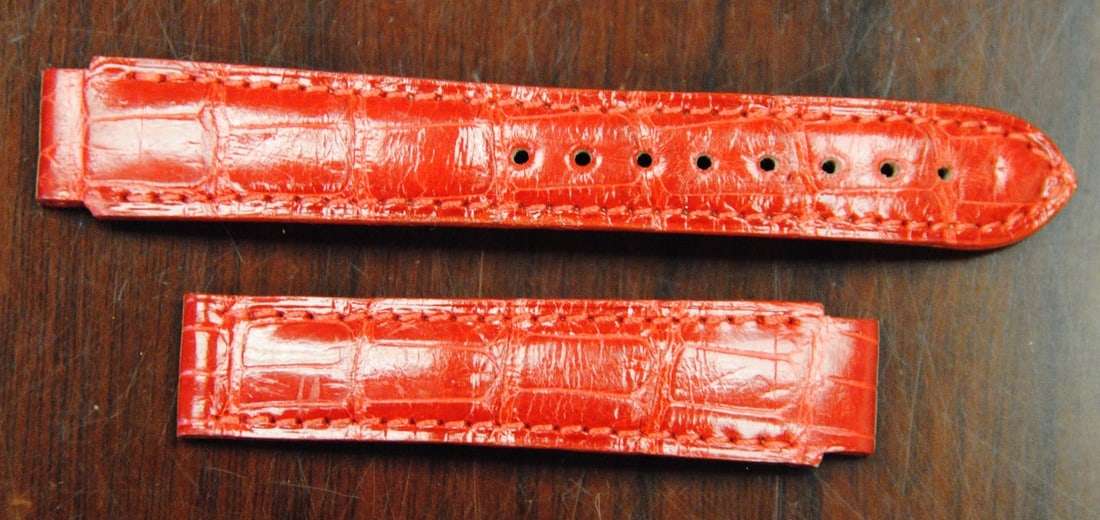 Chopard Authentic Red Crocodile Leather Watch Strap 14mm: Chopard Authentic Red Crocodile Leather Watch Strap 14mm Elevate your timepiece with this Chopard Factory Original Red Crocodile Leather Strap. Crafted from genuine leather, this stylish wristwatch ba