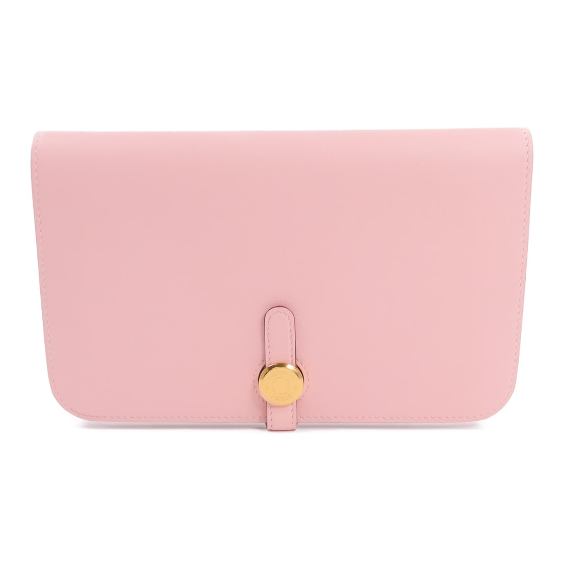 Hermes Dogon GM bifold wallet Swift calfskin Rose Sakura: Hermes Dogon GM bifold wallet Swift calfskin Rose Sakura Hermes Dogon GM bifold wallet in Rose Sakura pink, crafted from Swift leather and calfskin (cowhide). It features a flap design with five card 