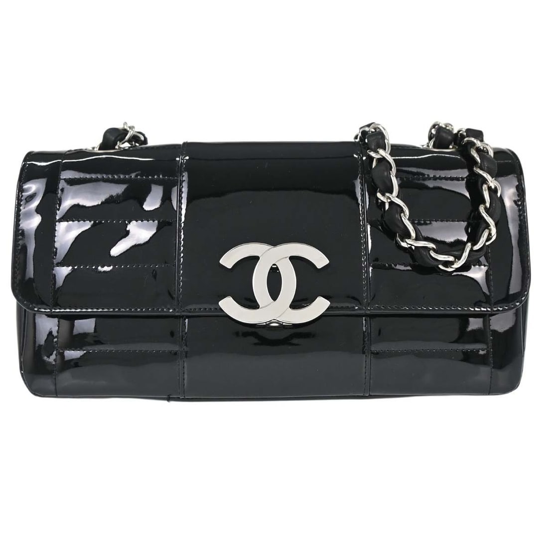 CHANEL Medium Shoulder Bag Black Patent Leather Turn Lock: CHANEL Medium Shoulder Bag Black Patent Leather Turn Lock Chanel black patent leather shoulder bag in medium size with a turn lock closure and shoulder strap handle style. It is made in France and fea