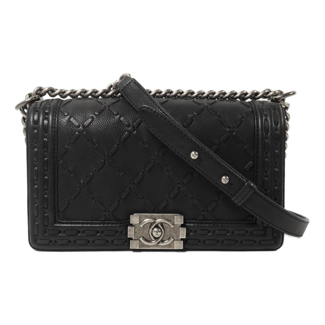 Chanel Boy 25 Black Calfskin Chain Shoulder Bag with CC SHW: Chanel Boy 25 Black Calfskin Chain Shoulder Bag with CC SHW CHANEL Boy 25 Chain Shoulder Bag in black calfskin leather with silver-tone hardware. It features a flap pocket and comes with a hologram st