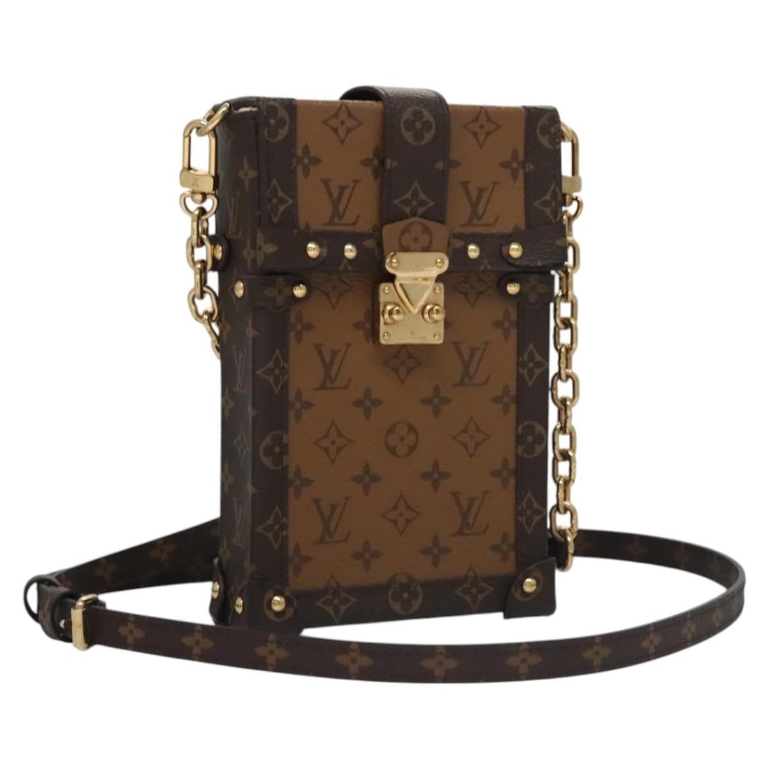 Louis Vuitton M67873 Reverse Pochette Trunk Vertical Shoulder Bag: Louis Vuitton M67873 Reverse Pochette Trunk Vertical Shoulder Bag Louis Vuitton Reverse Pochette Trunk Vertical Shoulder Bag in Monogram Reverse Canvas, made in Spain. This women's shoulder bag comes 