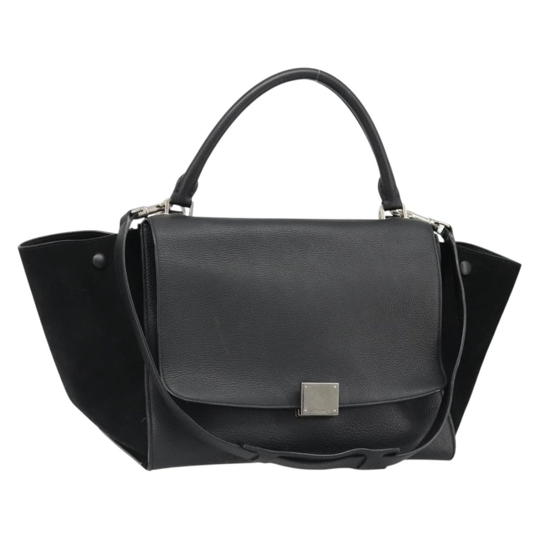 Celine Trapeze Black Leather Suede Handbag with Strap Dust Bag: Celine Trapeze Black Leather Suede Handbag with Strap Dust Bag Celine Trapeze handbag in black and silver leather, made in Italy. It comes with a dust bag and shoulder strap. The bag shows reasonable 