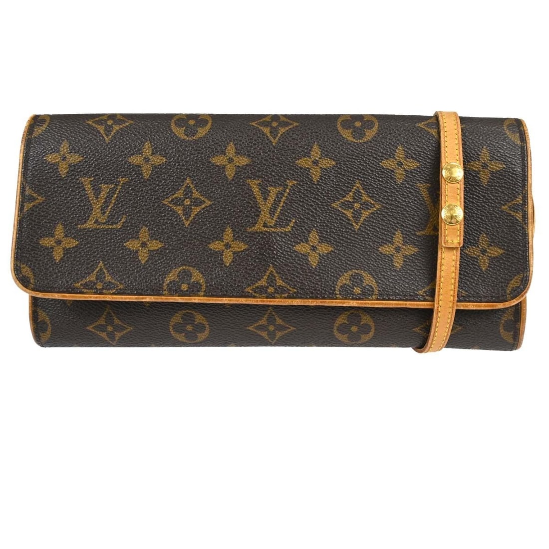 Louis Vuitton Pochette Twin GM Monogram Crossbody Handbag M51852: Louis Vuitton Pochette Twin GM Monogram Crossbody Handbag M51852 Vintage Louis Vuitton Pochette Twin GM crossbody bag in brown Monogram canvas with leather trim and a magnetic snap closure. This women