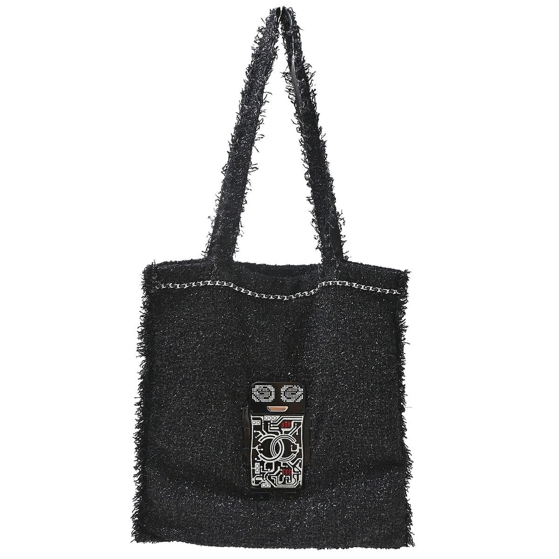 Chanel Chain Tote Handbag Black Wool Italy: Chanel Chain Tote Handbag Black Wool Italy This Chanel chain tote bag is crafted in black wool with rhinestone and other materials, and was made in Italy. It features one inside pocket and a handle dr