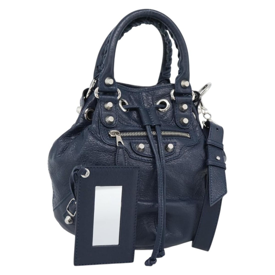 Balenciaga Giant Mini Pom Pom 2way Leather Handbag Navy Silver: Balenciaga Giant Mini Pom Pom 2way Leather Handbag Navy Silver Balenciaga Giant Mini Pom Pom handbag in navy leather with silver-tone details. This 2-way style comes with a dust bag, shoulder strap, a