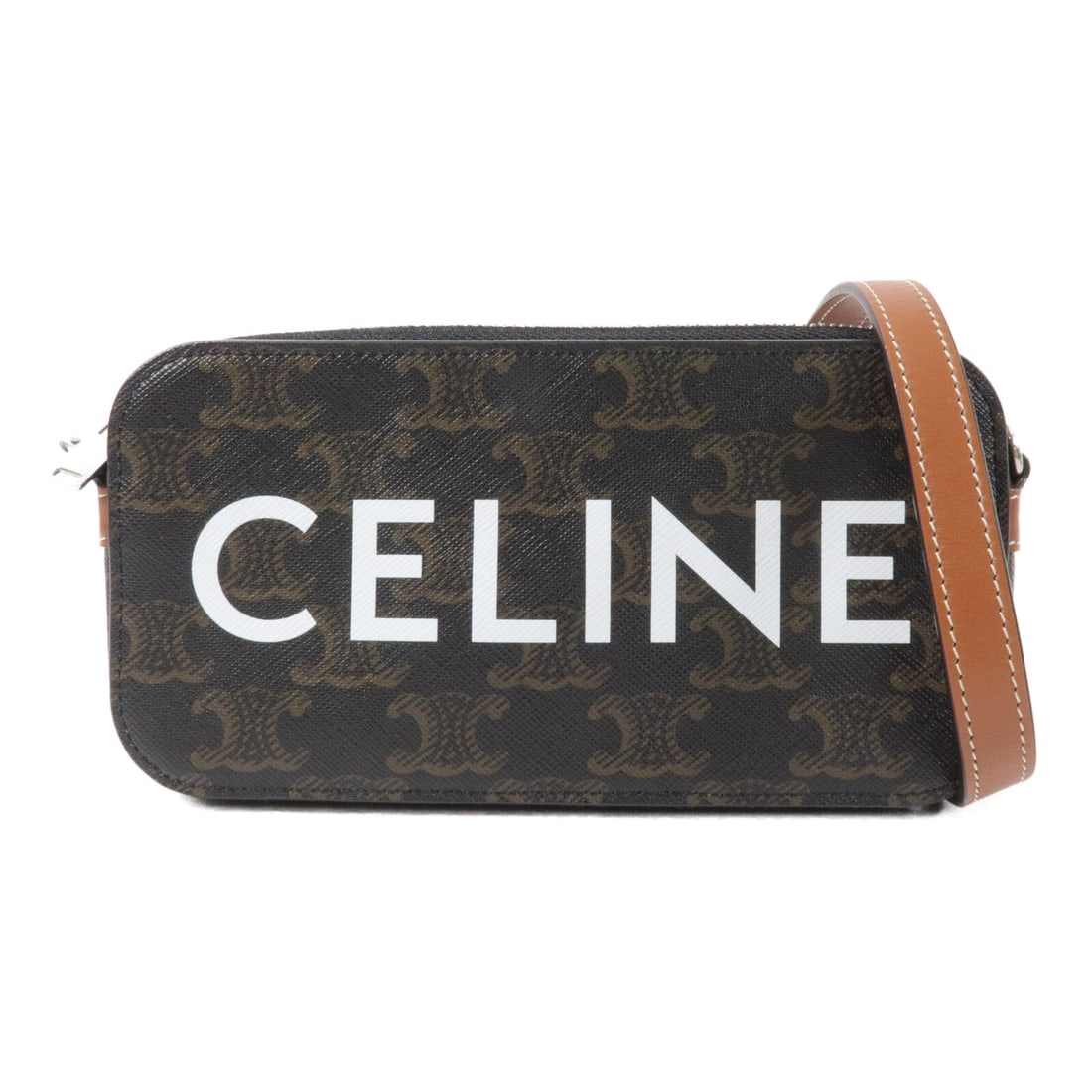 CELINE 10L272DM5.04LI canvas phone shoulder bag brown: CELINE 10L272DM5.04LI canvas phone shoulder bag brown A CELINE shoulder phone bag in brown canvas, designed for women and presented in very good AB condition. It features a shoulder strap, a storage b