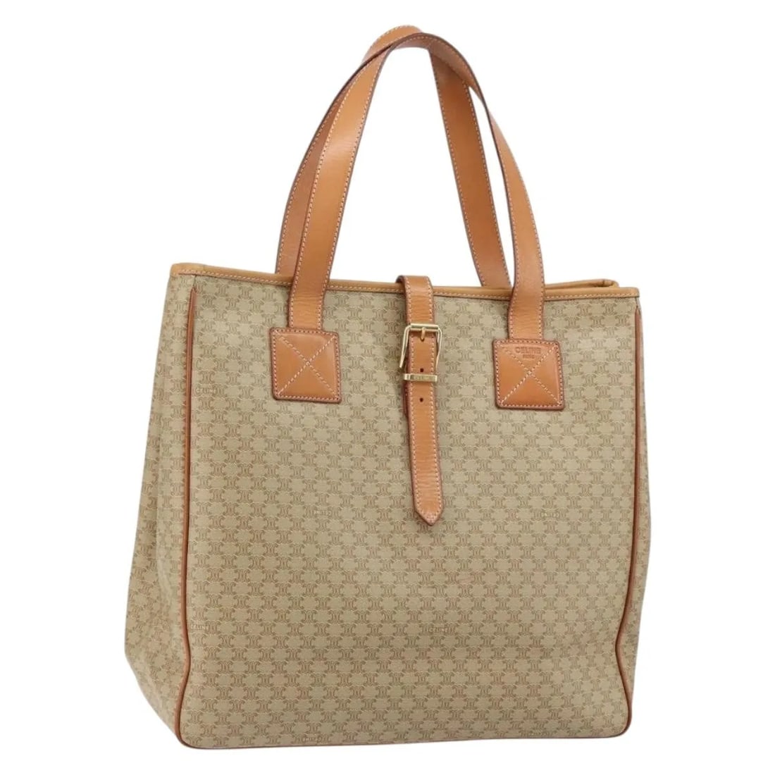 Macadam Shoulder Bag by Celine Beige Canvas and Leather 36cm: Macadam Shoulder Bag by Celine Beige Canvas and Leather 36cm This pre-owned Celine Macadam shoulder bag features a beige canvas body with leather accents. Designed for women, it offers ample space and