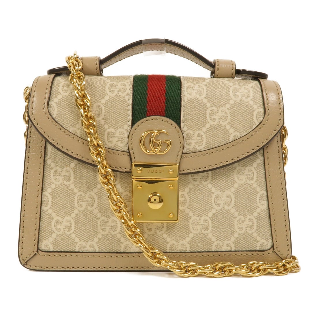 Gucci Ophidia GG 696180 2 Way Chain Shoulder Bag Beige White: Gucci Ophidia GG 696180 2 Way Chain Shoulder Bag Beige White A Gucci Ophidia GG 2-way chain shoulder bag in beige and white, made from PVC coated canvas with leather trim. It features a flap closure a