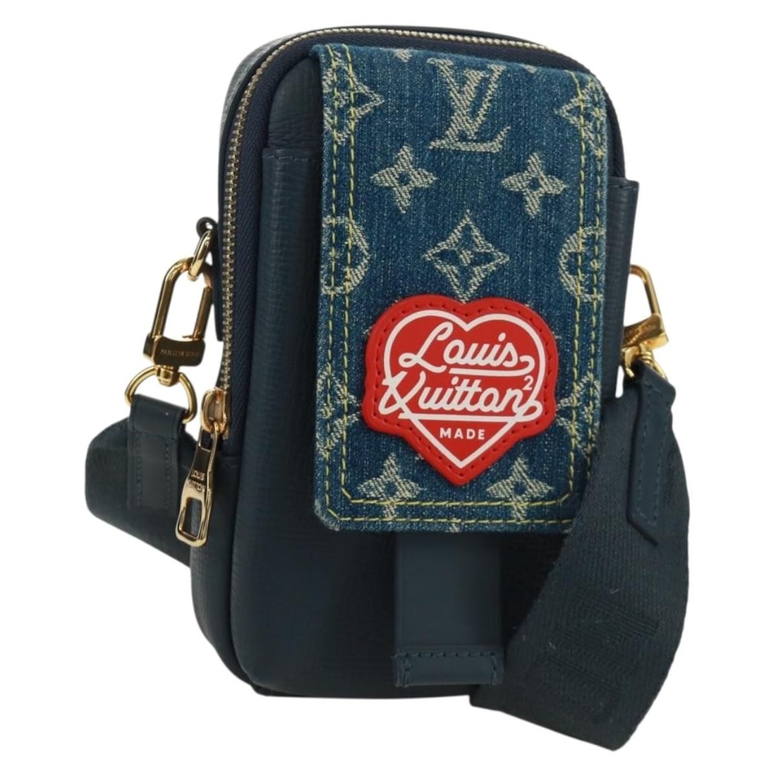 Monogram Denim Double Phone Shoulder Bag by Louis Vuitton M81060: Monogram Denim Double Phone Shoulder Bag by Louis Vuitton M81060 This Louis Vuitton Monogram Denim LV MADE Double Phone Pouch features a navy monogram denim canvas exterior and is designed as a should