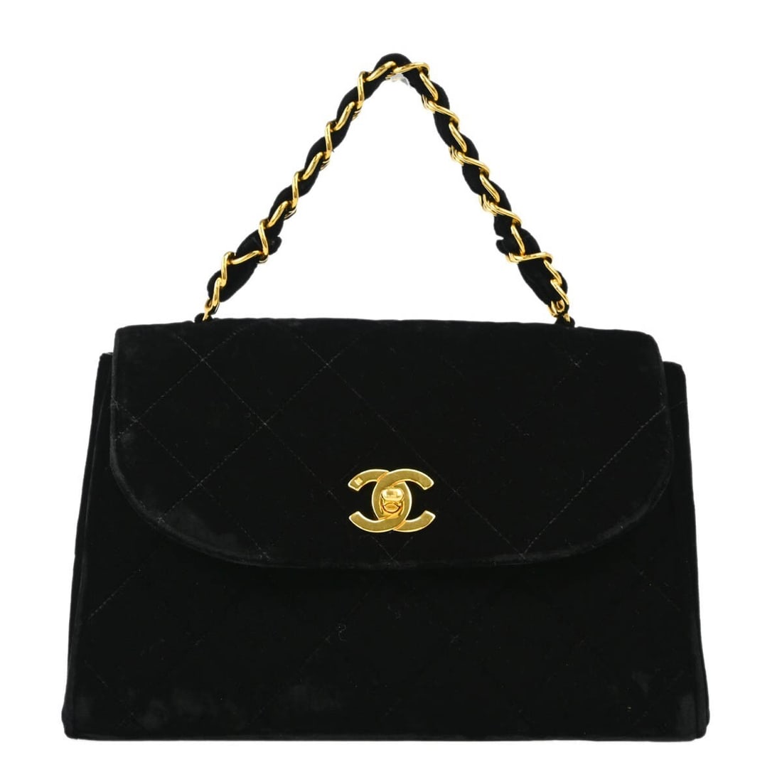 CHANEL Classic Flap medium black velvet top handle bag: CHANEL Classic Flap medium black velvet top handle bag Black Chanel Classic Flap top handle handbag in velvet with a turn-lock closure. The bag features a black exterior, black top handle, and a gold 