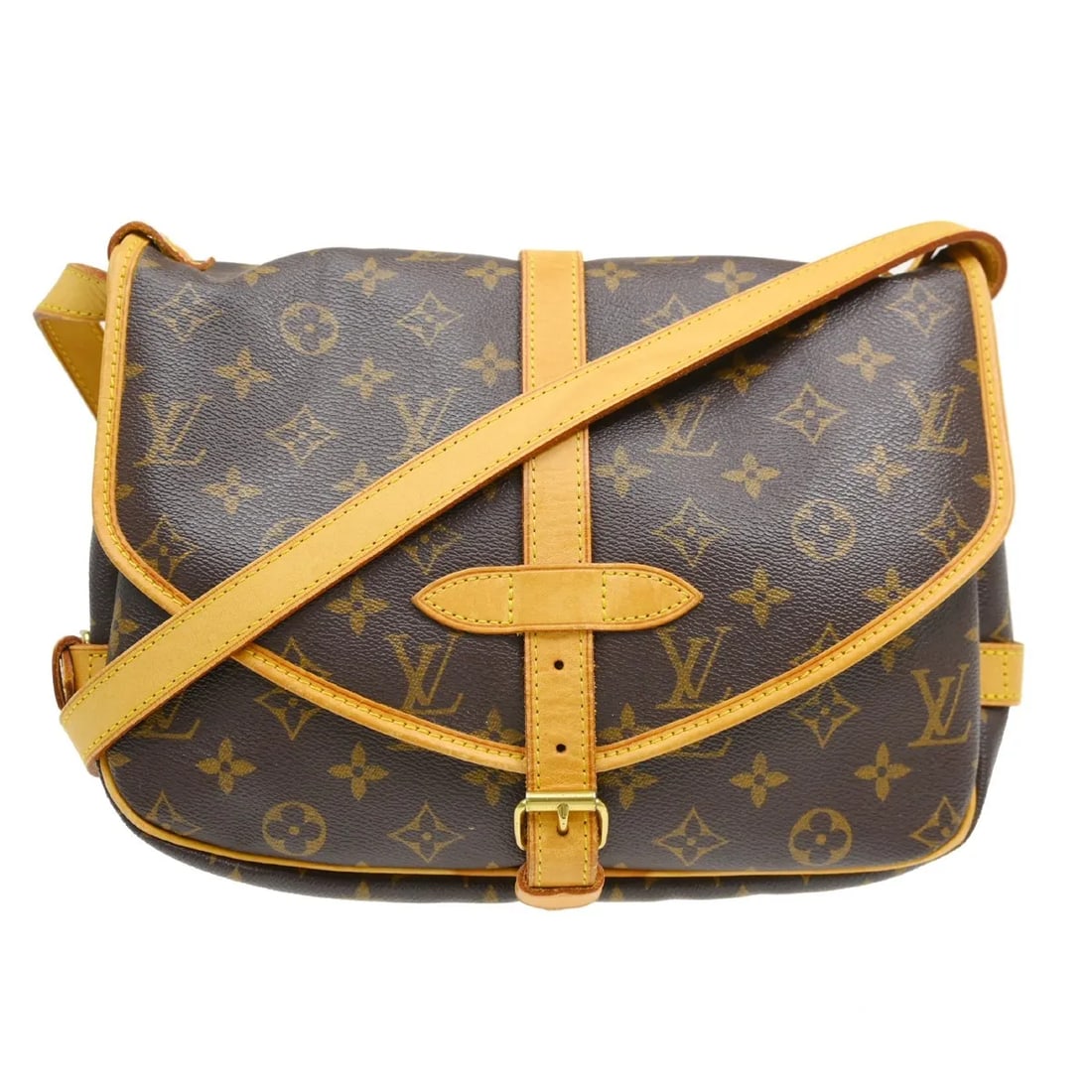 Louis Vuitton Saumur Shoulder Bag in Brown Monogram Canvas: Louis Vuitton Saumur Shoulder Bag in Brown Monogram Canvas Louis Vuitton Saumur shoulder bag in brown monogram canvas. This unisex bag is made in France and remains in good condition overall, with vis