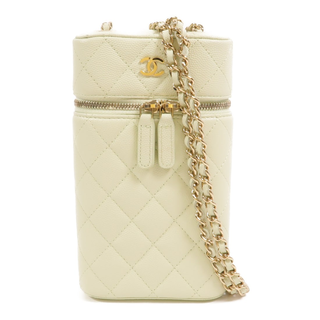 CHANEL Vanity Phone Case Shoulder Bag Green Calfskin CC Chain SHW: CHANEL Vanity Phone Case Shoulder Bag Green Calfskin CC Chain SHW A CHANEL shoulder bag vanity phone case chain bag in green calfskin leather. It is designed for women and features a chain shoulder st