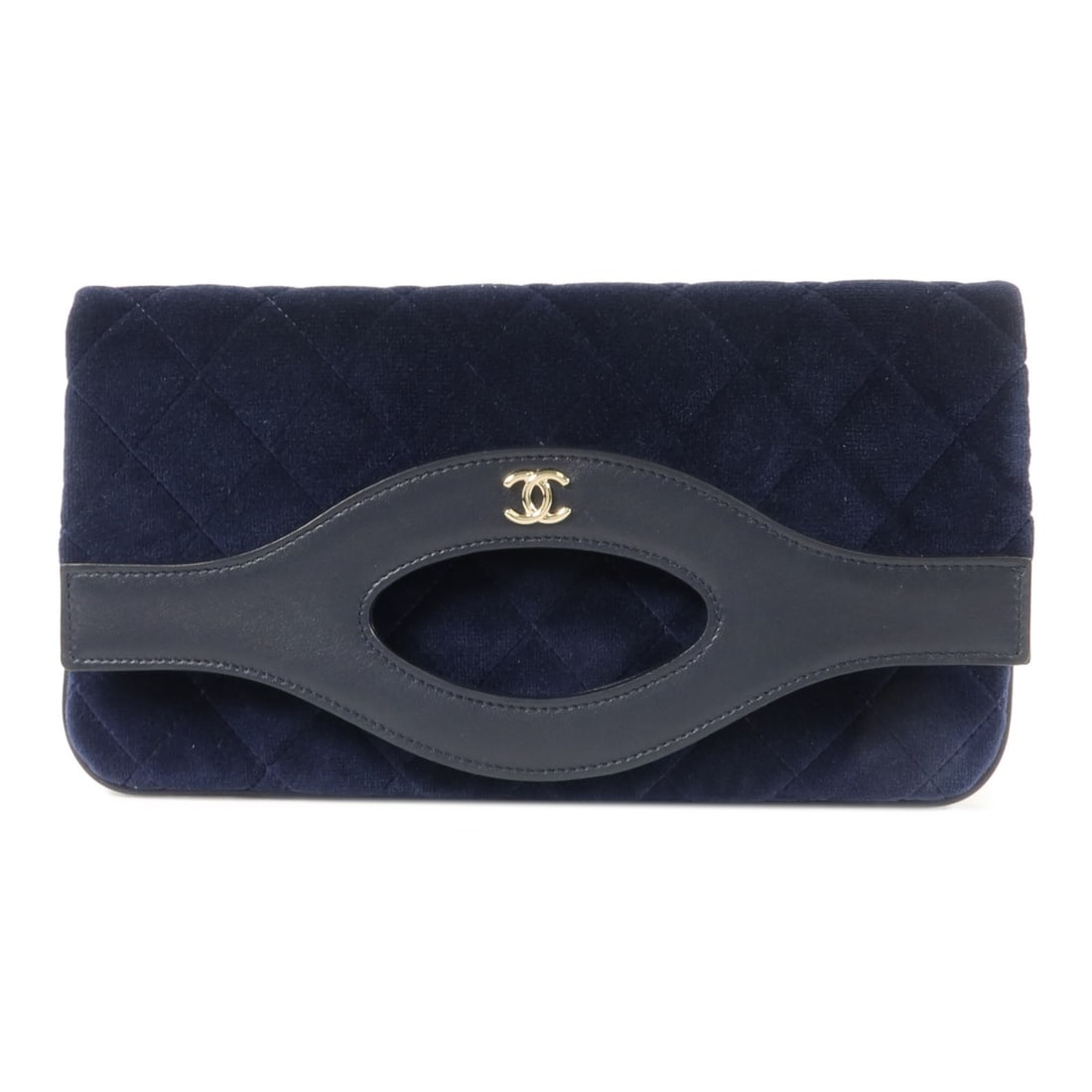 CHANEL Chanel 31 Quilted Velvet Clutch Navy CC GHW: CHANEL Chanel 31 Quilted Velvet Clutch Navy CC GHW A CHANEL CC GHW Chanel 31 clutch bag in quilted navy velvet. It features a compact structured design with a top handle and multiple interior pockets.