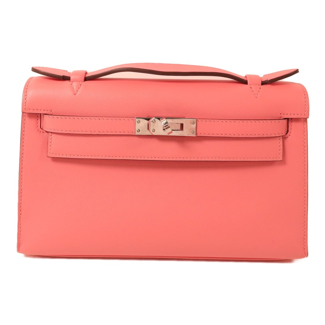 Hermes Kelly Pochette Swift Leather Clutch Rose d'Ete PHW: Hermes Kelly Pochette Swift Leather Clutch Rose d'Ete PHW A Hermes Kelly Pochette handbag in Veau Swift leather and calfskin, presented in Rose d'Ete. It features palladium hardware, an open interior 