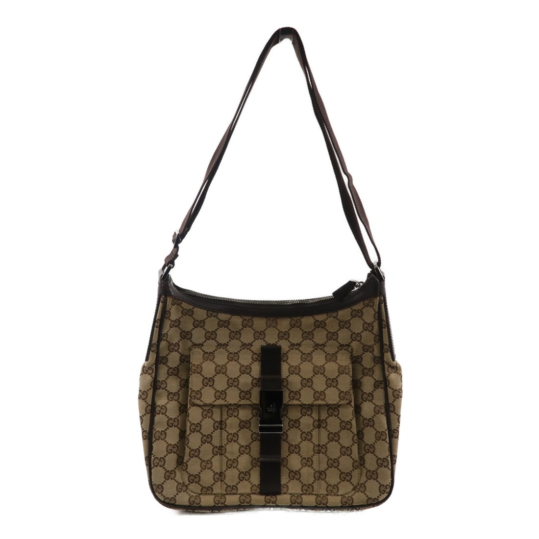 GUCCI 131211 GG Canvas Shoulder Bag Beige SHW: GUCCI 131211 GG Canvas Shoulder Bag Beige SHW Gucci GG SHW shoulder bag in beige GG canvas. This mens regular-size bag is made in Italy and features a flap-type exterior pocket and an inside zip pocke