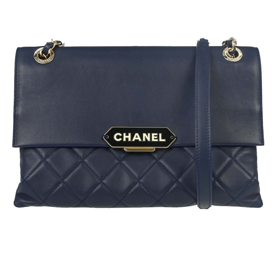 CHANEL Medium Navy Lambskin Flap Shoulder Bag Italy: CHANEL Medium Navy Lambskin Flap Shoulder Bag Italy Chanel flap shoulder bag in navy lambskin with a leather lining and chain shoulder strap. Designed in a medium size with inner pockets and one exter