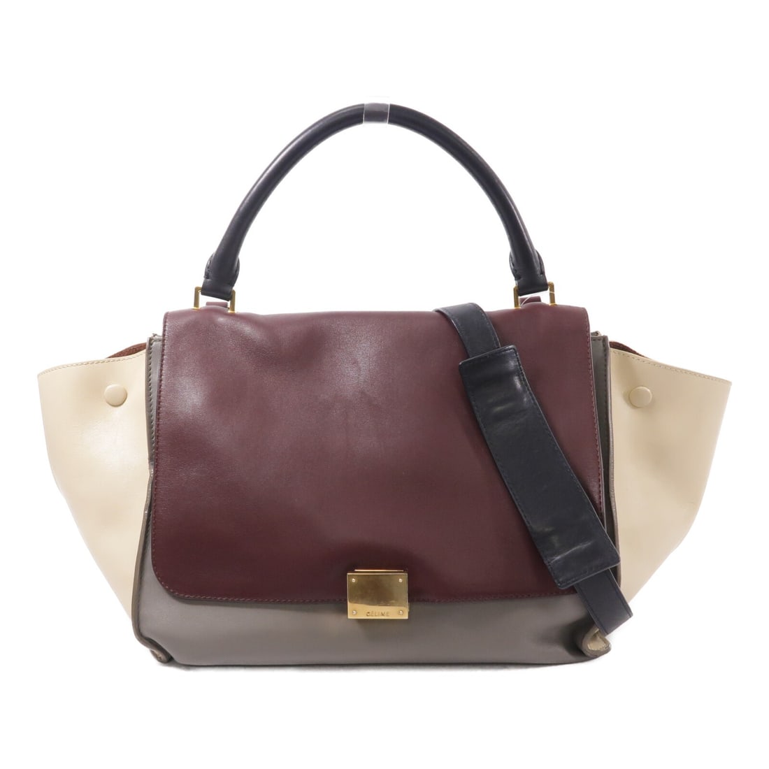 CELINE calfskin 2-way shoulder bag red gray gold-tone hardware: CELINE calfskin 2-way shoulder bag red gray gold-tone hardware CELINE 2 Way Shoulder Bag in calfskin leather with a red, gray, and white color combination. It features a flap closure, an interior open