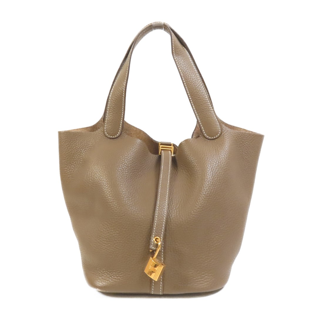 Hermes Picotin MM Clemence Leather Tote Etoupe: Hermes Picotin MM Clemence Leather Tote Etoupe A Hermes Picotin MM tote bag in Etoupe Grey, crafted from Taurillon Clemence and calfskin (cowhide). It features palladium hardware, comes with storage b