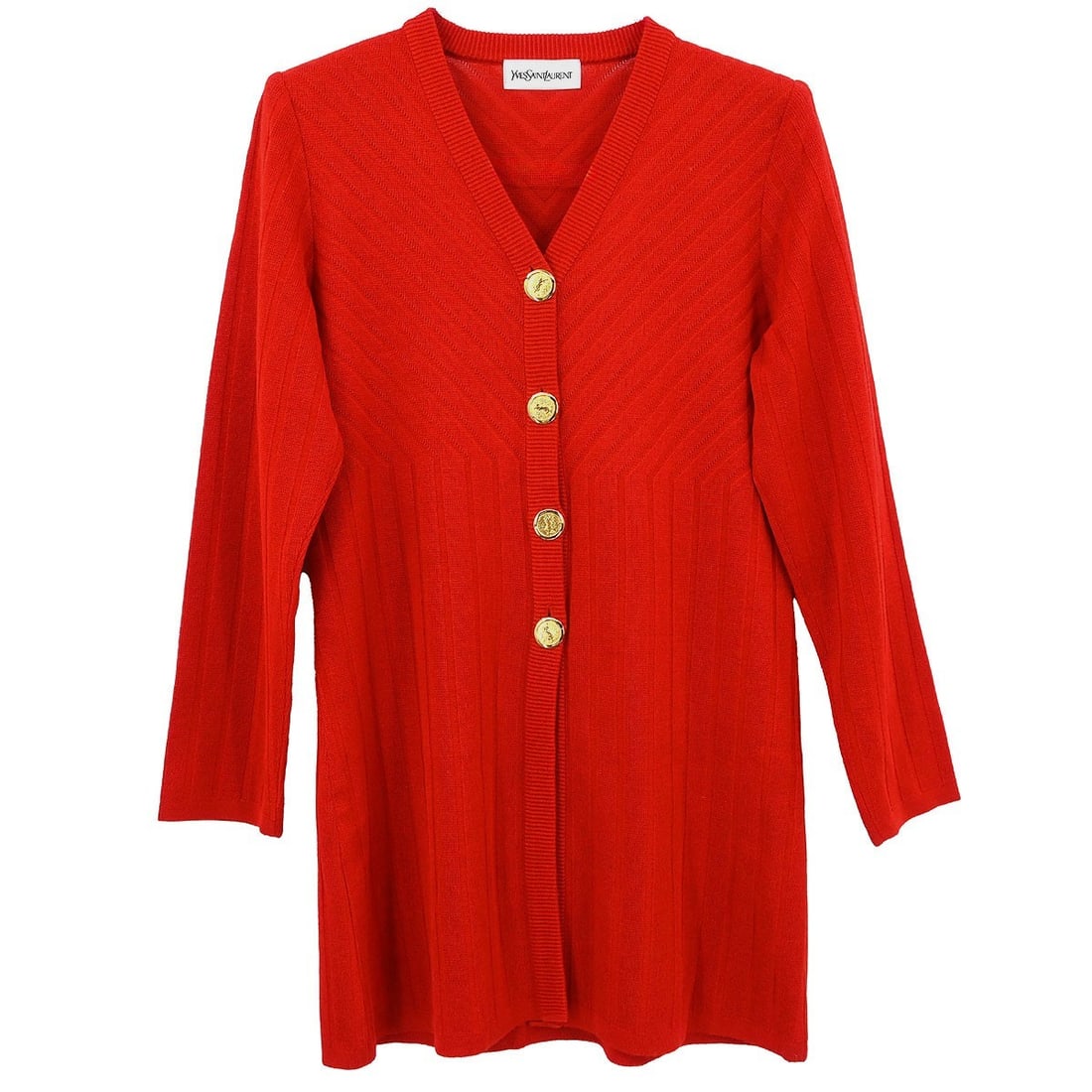 Womens Red Mid Length Cardigan Yves Saint Laurent Size M: Womens Red Mid Length Cardigan Yves Saint Laurent Size M Yves Saint Laurent women's red mid-length cardigan with a button front and long sleeves. Made from a rayon, linen, and acrylic blend, this casu