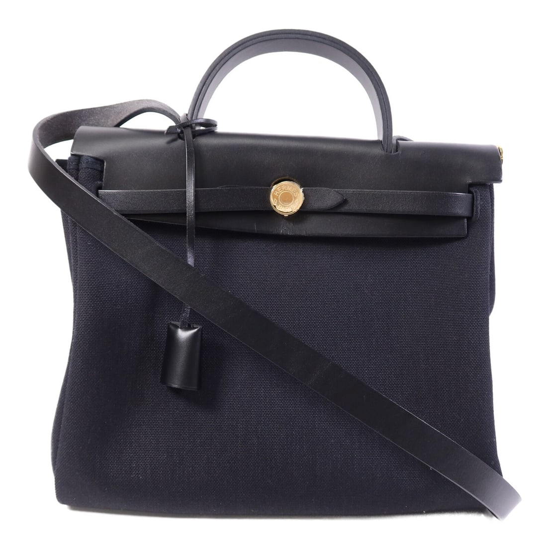 Hermes Herbag PM 2 Way Shoulder Bag Black Leather Canvas (1 of 14)