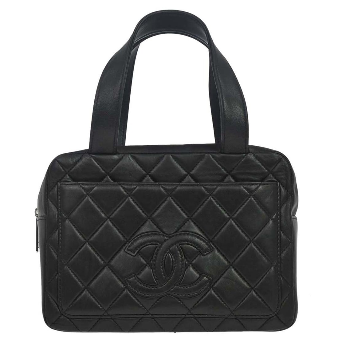 CHANEL Matelasse Small Top Handle Bag Black Lambskin: CHANEL Matelasse Small Top Handle Bag Black Lambskin Black lambskin top handle handbag in a small size with a matelasse quilted pattern. It features a zip closure, double handles, inner pockets, and a