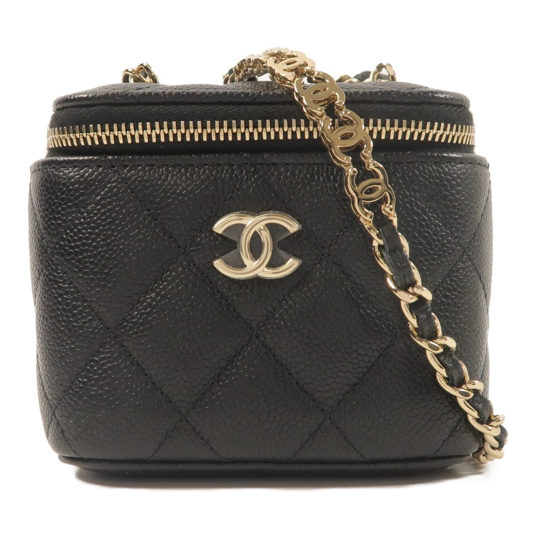 CHANEL Vanity Case Chain Shoulder Bag Black Calfskin CC GHW: CHANEL Vanity Case Chain Shoulder Bag Black Calfskin CC GHW A CHANEL CC GHW Vanity Case Chain Shoulder Bag in black calfskin leather. This bag features a chain shoulder strap, a fastener closure, and 