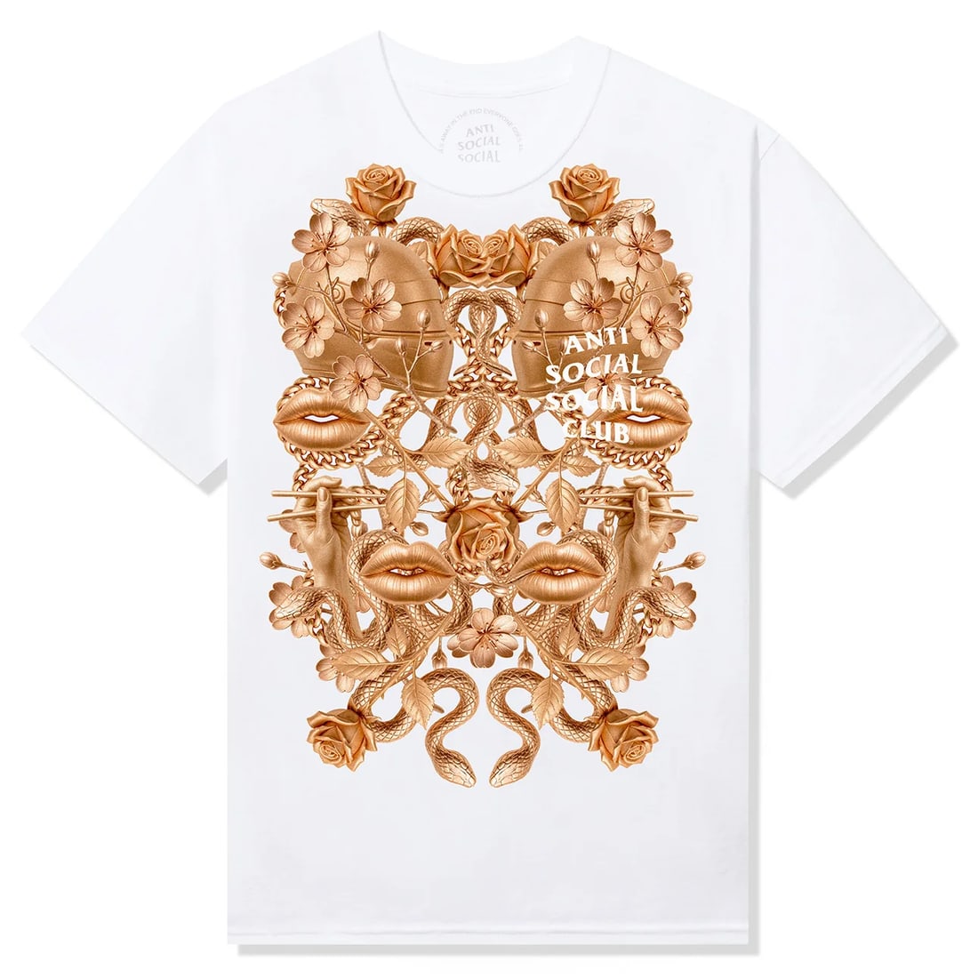 Golden White T Shirt by Anti Social Social Club Medium: Golden White T Shirt by Anti Social Social Club Medium This limited edition Anti Social Social Club Golden White Tee showcases the ASSC logo in white on a gold-colored background. Made from 100% premi