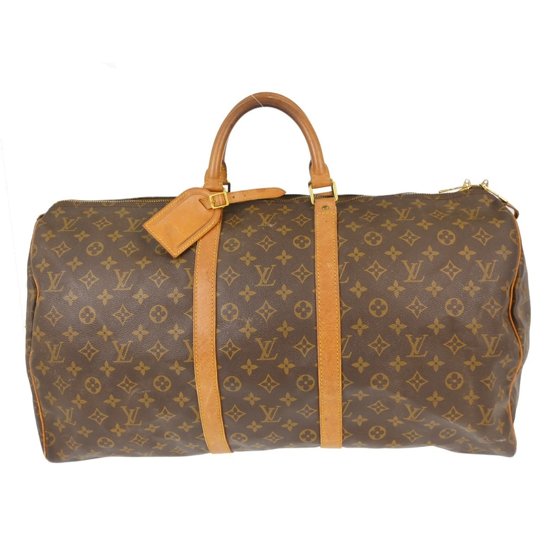Vintage Louis Vuitton Keepall 55 Monogram Travel Duffle Bag: Vintage Louis Vuitton Keepall 55 Monogram Travel Duffle Bag Louis Vuitton Keepall 55 travel handbag in Monogram canvas and leather, designed in a duffle style for unisex adults. It features a zip clos