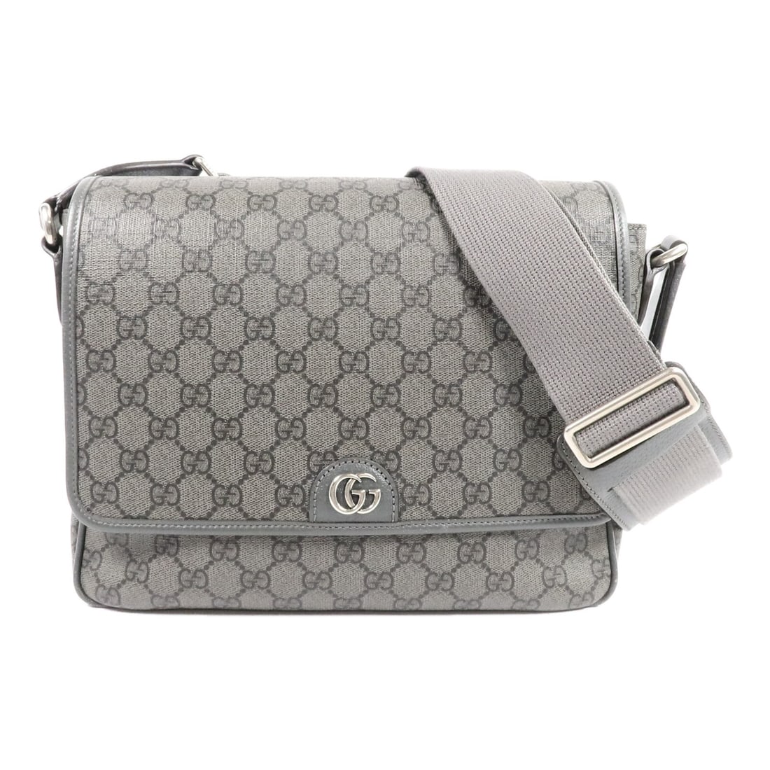 Gucci Ophidia 761741 Gray Coated Canvas Messenger Shoulder Bag: Gucci Ophidia 761741 Gray Coated Canvas Messenger Shoulder Bag A Gucci Ophidia messenger shoulder bag in gray PVC coated canvas, identified by model number 761741. It features a magnetic pocket and tw