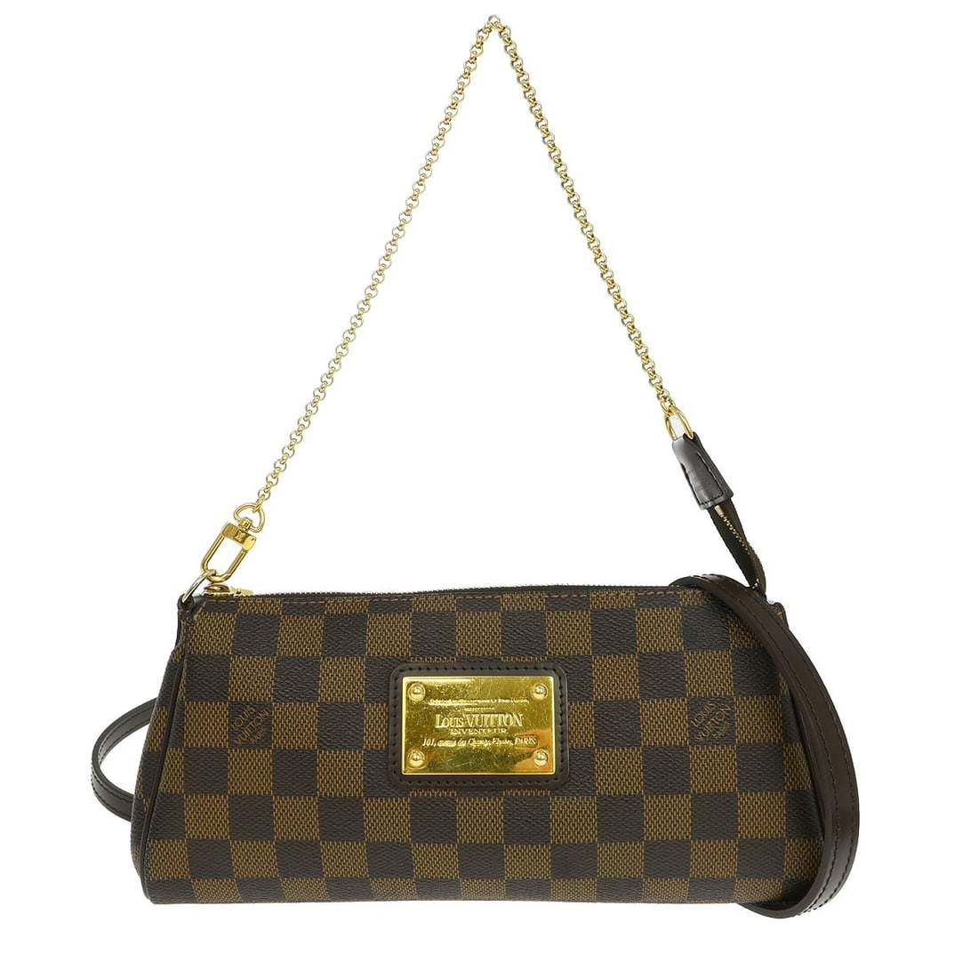 Louis Vuitton Eva Damier Ebene Small Chain Strap Handbag N55213: Louis Vuitton Eva Damier Ebene Small Chain Strap Handbag N55213 Vintage Louis Vuitton Eva 2-way handbag in Damier Ebene brown canvas with leather trim and logo accents. This small zip-top handbag feat