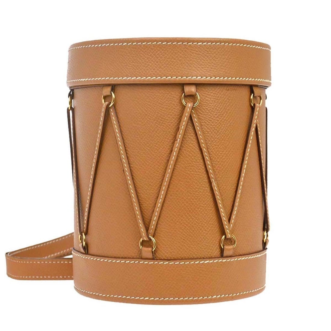 Hermes Sac Tambour Mini Shoulder Bag Natural Courchevel Leather: Hermes Sac Tambour Mini Shoulder Bag Natural Courchevel Leather Hermes Sac Tambour shoulder bag in natural Courchevel leather with a structured mini silhouette and gold-tone hardware. Made in France, 
