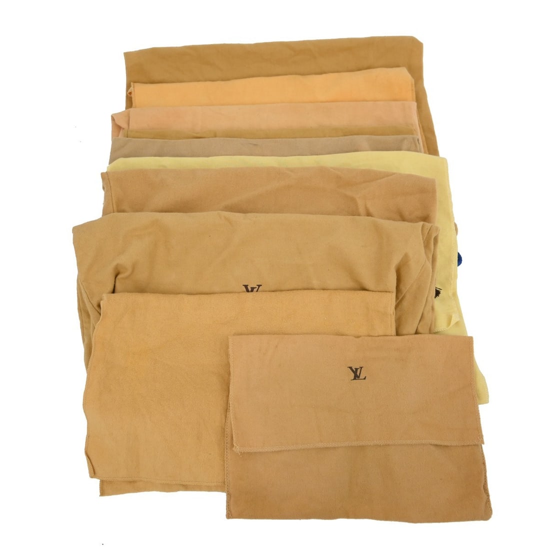 Set of 10 Louis Vuitton cotton dust bags brown beige: Set of 10 Louis Vuitton cotton dust bags brown beige Set of 10 Louis Vuitton dust bags in brown and beige cotton. These unisex dustbags show overall signs of use with reasonable wear and tear. Please 