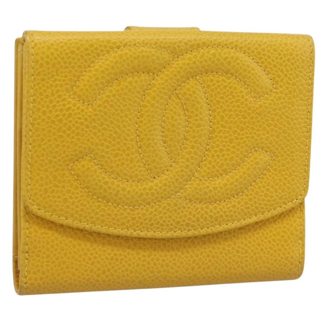 CHANEL Coco Mark Yellow Caviar Skin Bifold Wallet with Box Card: CHANEL Coco Mark Yellow Caviar Skin Bifold Wallet with Box Card CHANEL COCO Mark bifold wallet in yellow caviar skin, made in Italy. It comes with the item box and guarantee card. The wallet shows vis