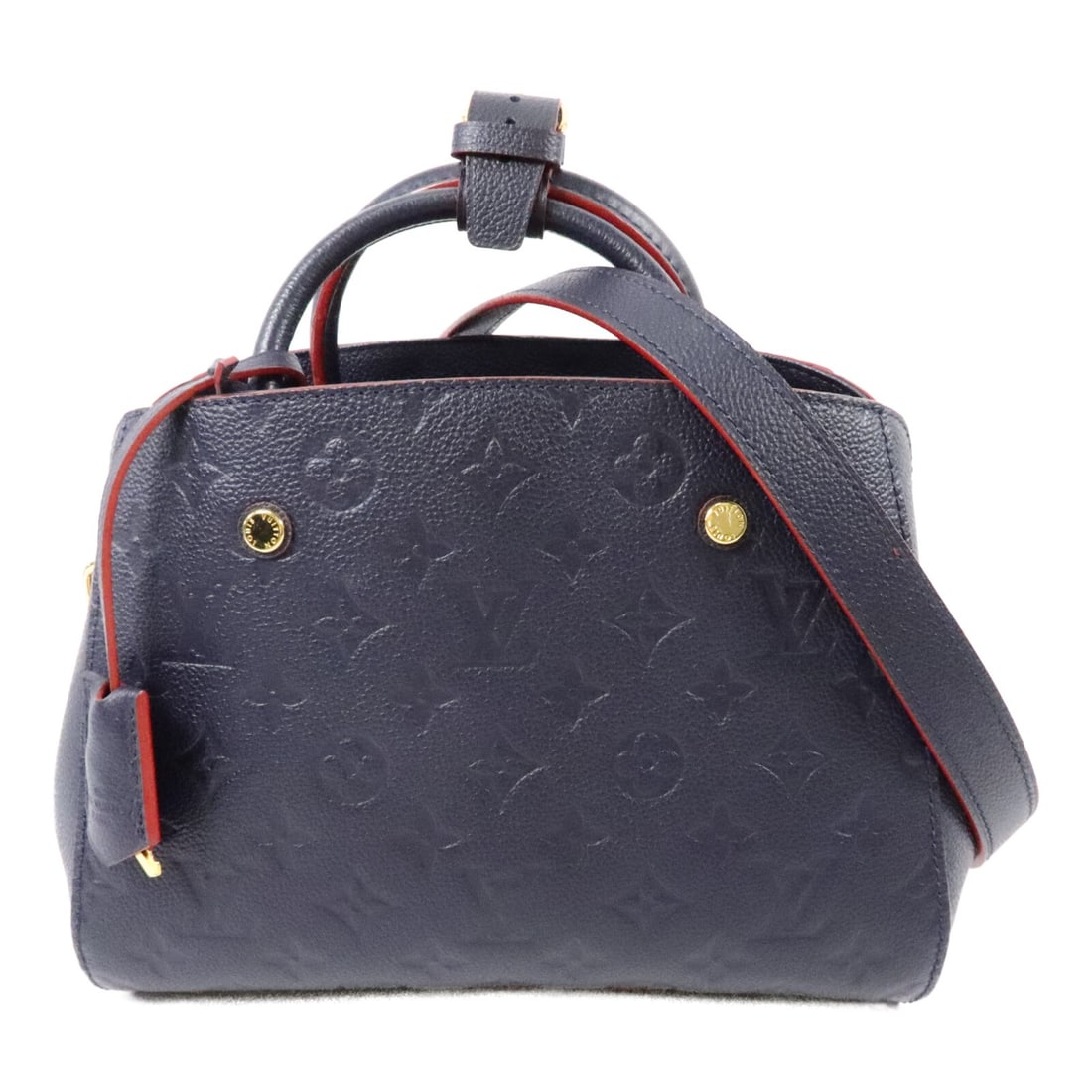 Louis Vuitton Montaigne BB M42747 Monogram Empreinte 2 Way Bag: Louis Vuitton Montaigne BB M42747 Monogram Empreinte 2 Way Bag The Montaigne BB is a 2-way handbag in Monogram Empreinte and calfskin (cowhide), presented in MarineRouge / Navy / Red / Blue tones. It 