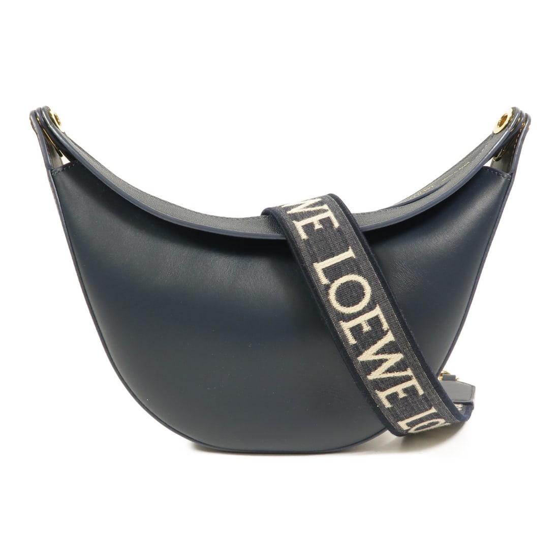 LOEWE Luna Small Shoulder Bag Navy Calfskin Leather: LOEWE Luna Small Shoulder Bag Navy Calfskin Leather This LOEWE Luna small shoulder bag is crafted in navy calfskin leather and designed for women. It features a shoulder bag style with a magnetic pock