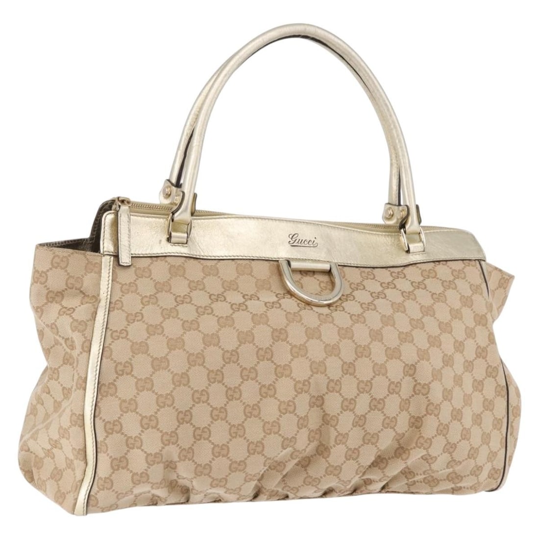 Gucci 190248 Beige GG Canvas and Leather Handbag Gold Tone: Gucci 190248 Beige GG Canvas and Leather Handbag Gold Tone Gucci GG Canvas handbag in beige and gold, made in Italy with leather and GG canvas. It measures approximately W39 x H28 x D9 cm, with a hand