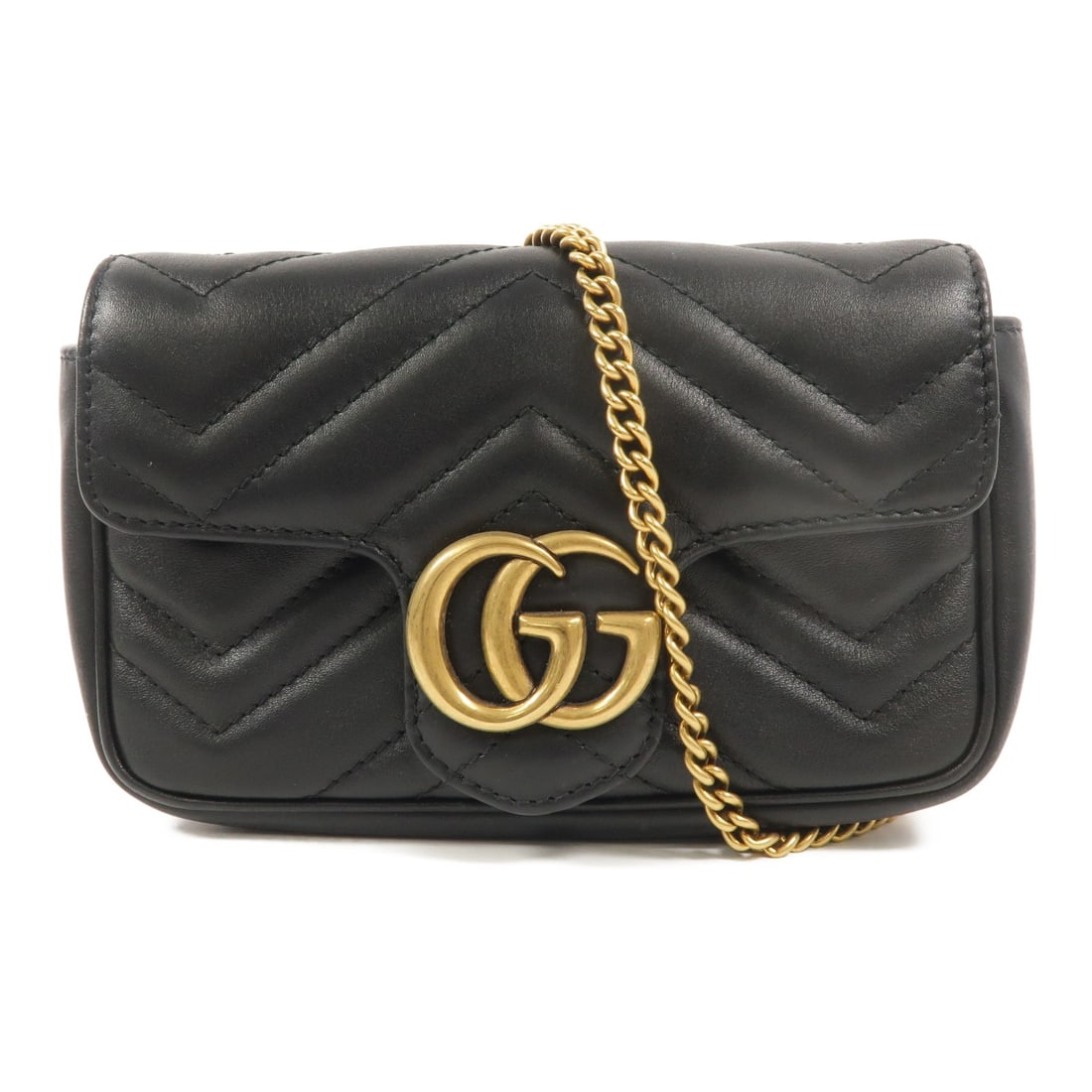 Gucci Marmont Super Mini Shoulder Bag 476433 Black Calfskin Chain: Gucci Marmont Super Mini Shoulder Bag 476433 Black Calfskin Chain A GUCCI GG Marmont Super Mini Chain Shoulder Bag in black calfskin leather with gold-tone hardware. This compact shoulder bag is ident